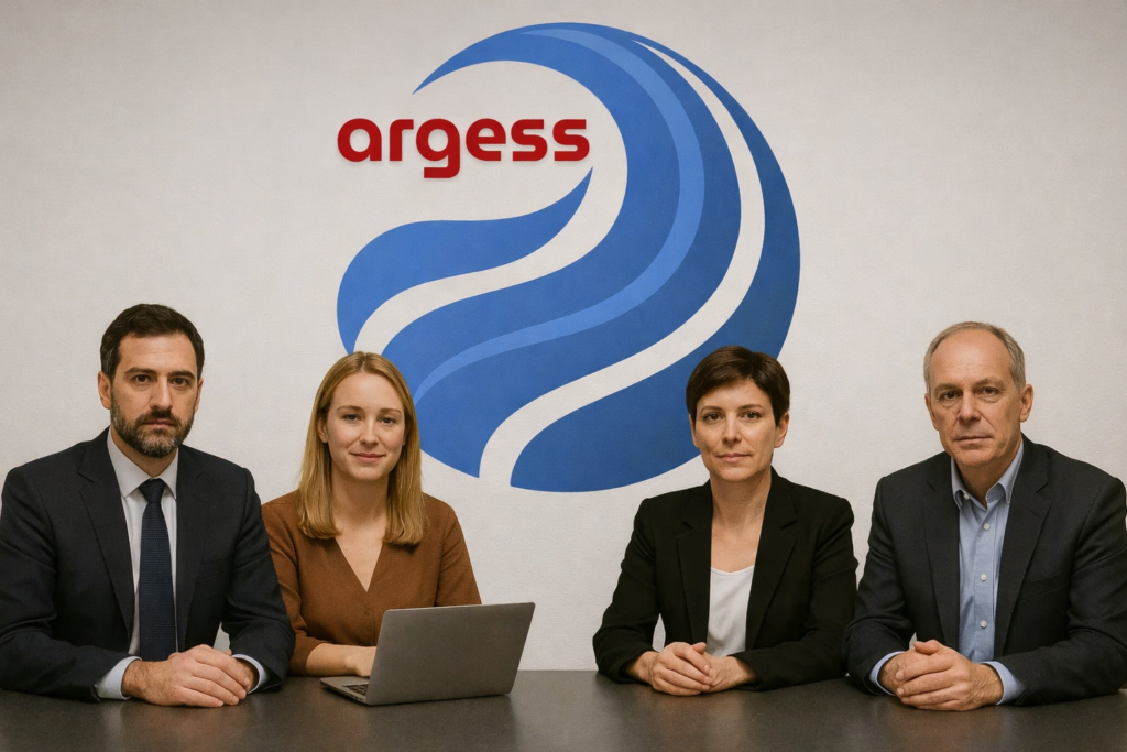 Argess logosu önünde toplantı masasında oturan dört kişilik profesyonel ekip fotoğrafı.